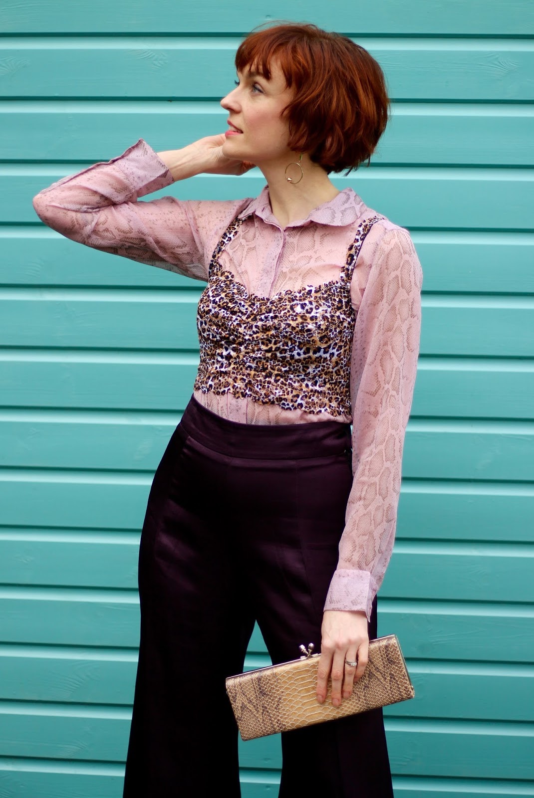 Leopard Lace Bralet over a Chiffon Blouse, Finery Satin trousers | Fake Fabulous