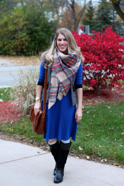 cobalt dress, blanket scarf, crossbody bag, black boots