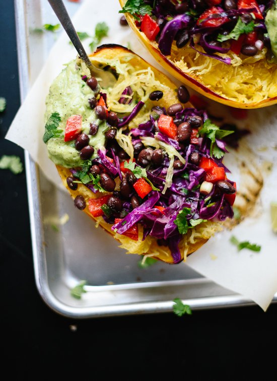 These spaghetti squash burrito bowls taste amazing! They're vegan and gluten free, too. cookieandkate.com