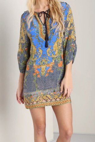 Bohemian V-Neck 3/4 Sleeve Printed Lace-Up Women's Dress
