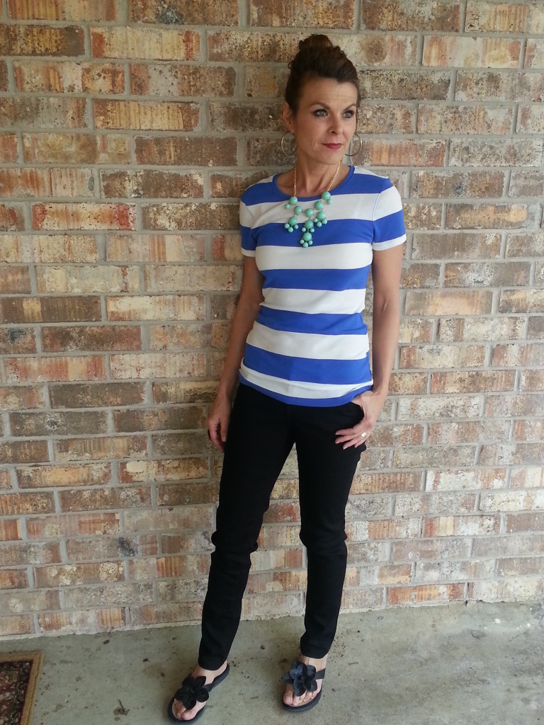 Blue stripes with black skinny jeans