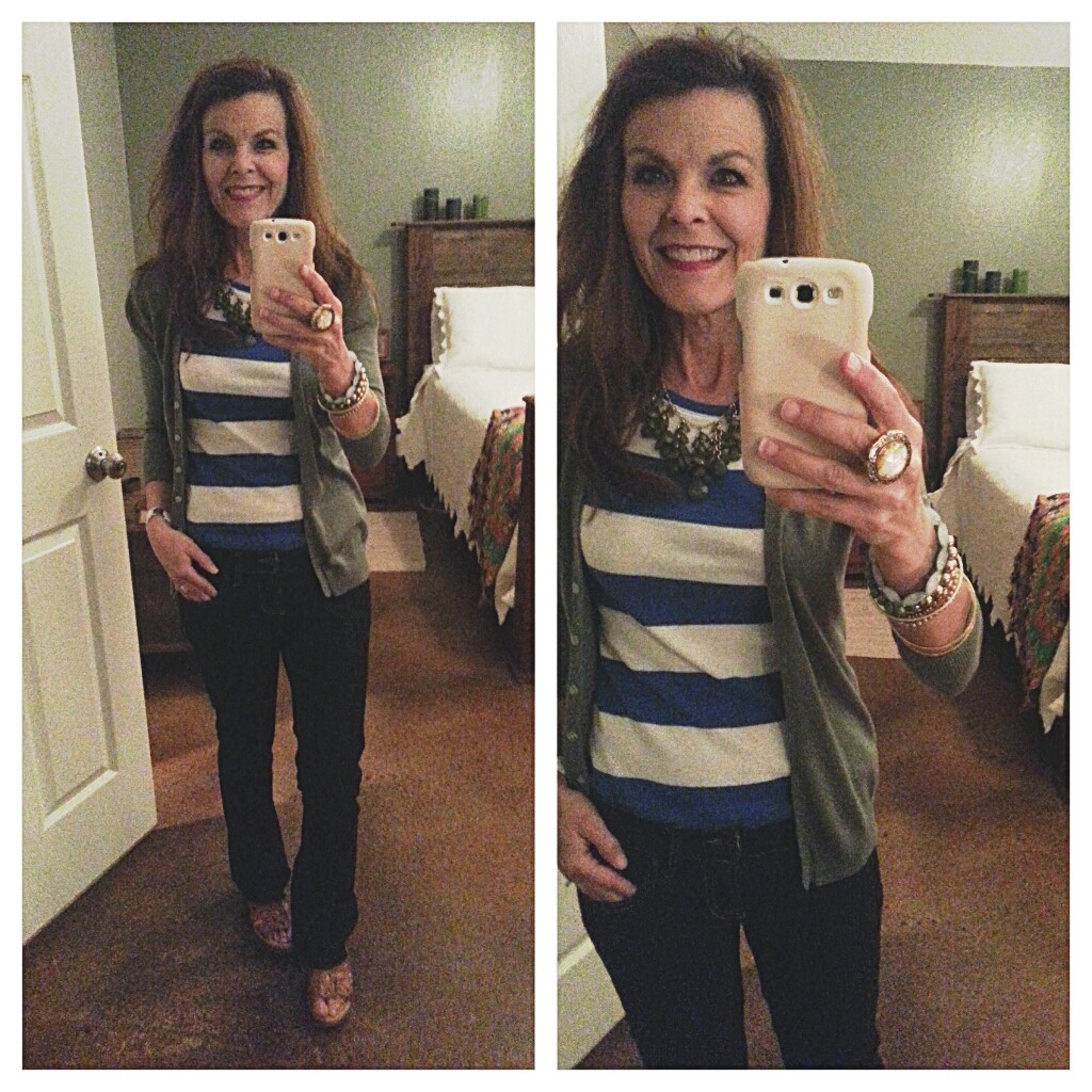 Blue stripe top with green cardigan and jeans