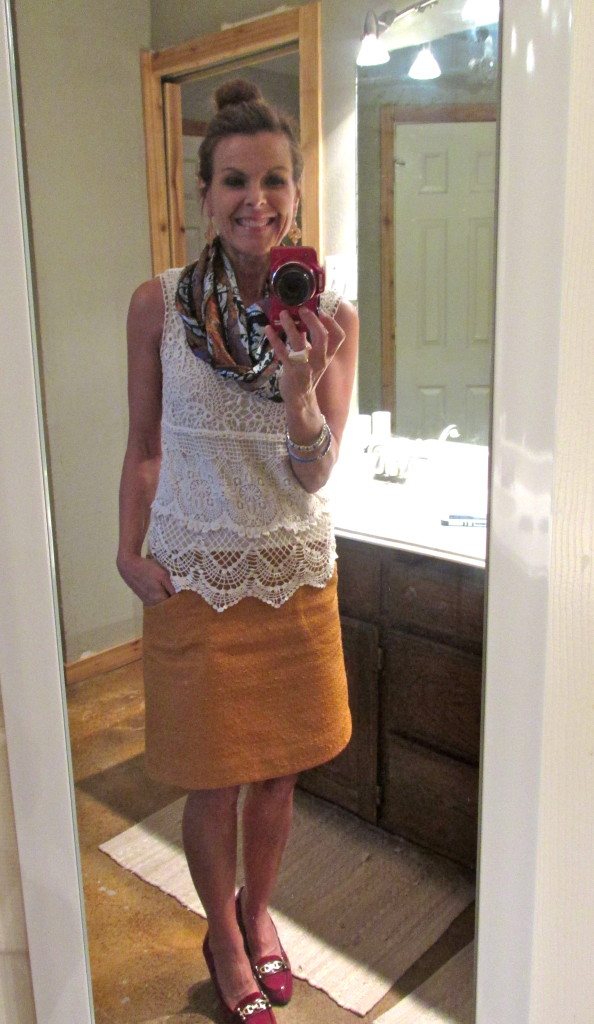 Mustard skirt w/crochet top - scarf & leopard print wedges