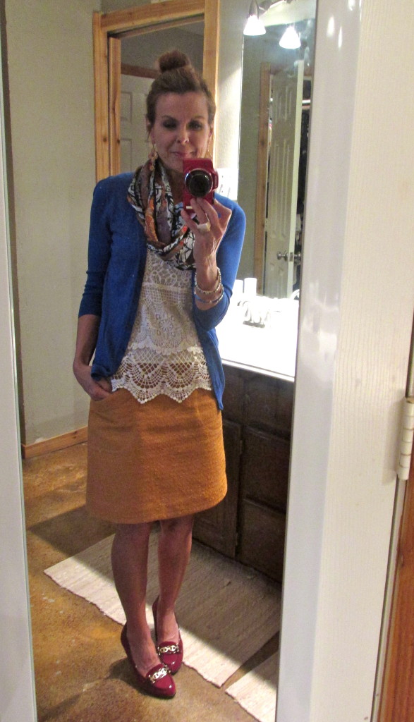 Mustard skirt w/crochet top & blue cardigan