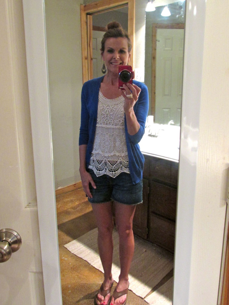Denim shorts w/crochet top & blue cardigan