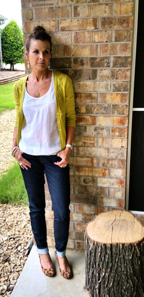 Skinny Jeans (The Limited) White Tank Charteuse Sweater