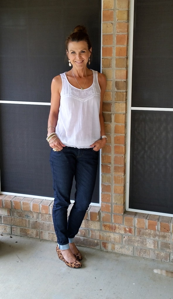 Skinny Jeans (The Limited) White Tank (Old Navy) Leopard Wedges (DSW)