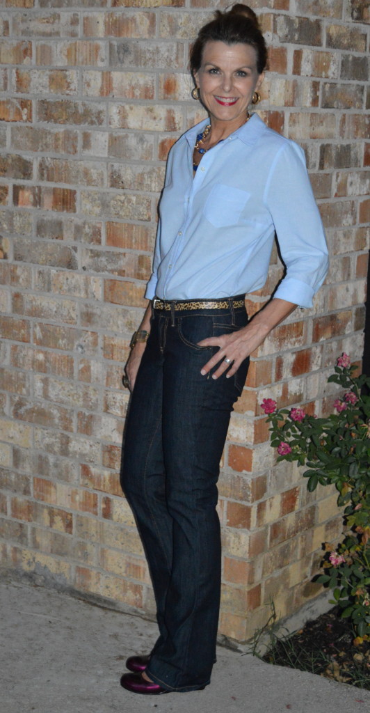 Day 5 - Blazer + Oxford + Jeans+ Statement Necklace + Leopard Belt + Bright Flats (No jacket & subbed wedges for flats(