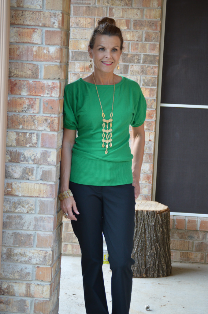 Day 7 - Blazer + Lightweight Sweater + Black Pants + Long Necklace + Color block or Neutral Shoes 