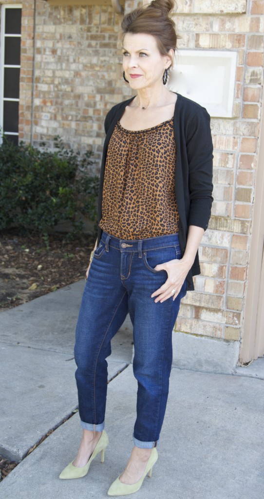 Boyfriend jeans, animal print cami, black cardigan and heels.