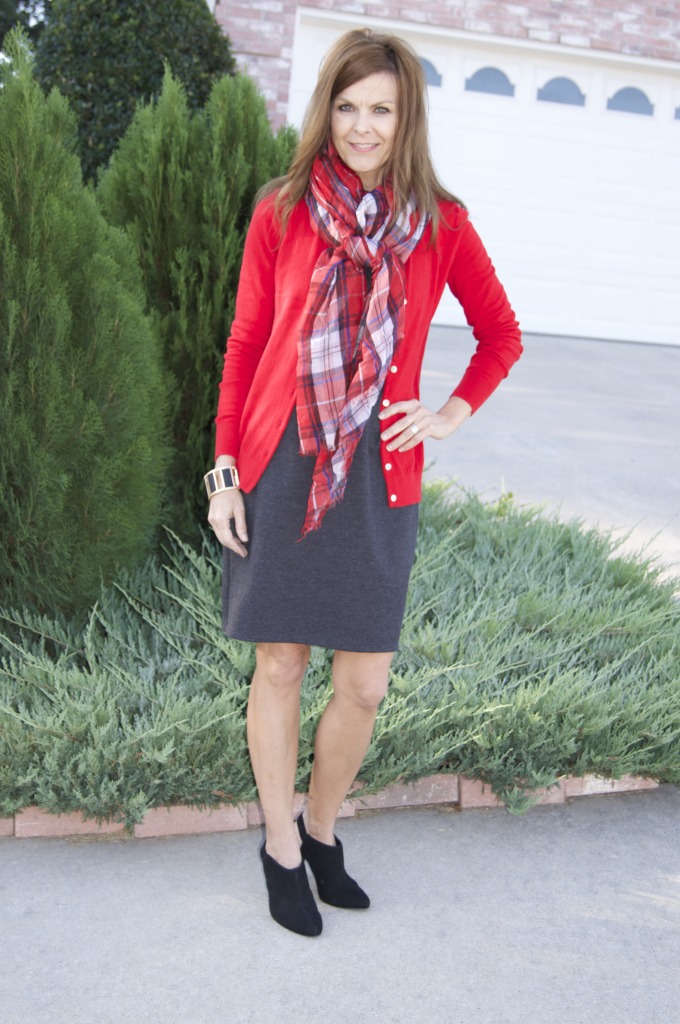 with a red cardigan, plaid scarf + booties