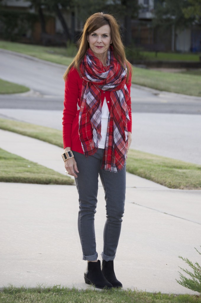 Grey jeans, tee, cardigan, plaid scarf + booties
