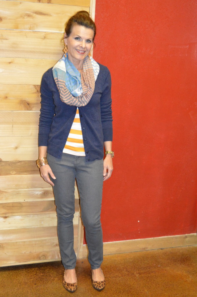 Grey jeans, striped tee, cardigan, scarf + leopard print flats