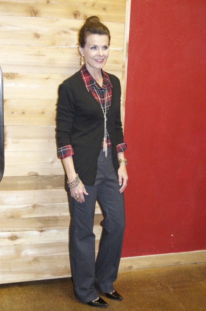 Black/grey pants, plaid chiffon blouse, black cardigan + heels