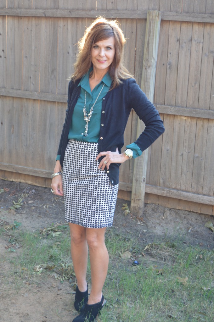 Houndstooth skirt, teal chiffon blouse, black cardigan + black shooties