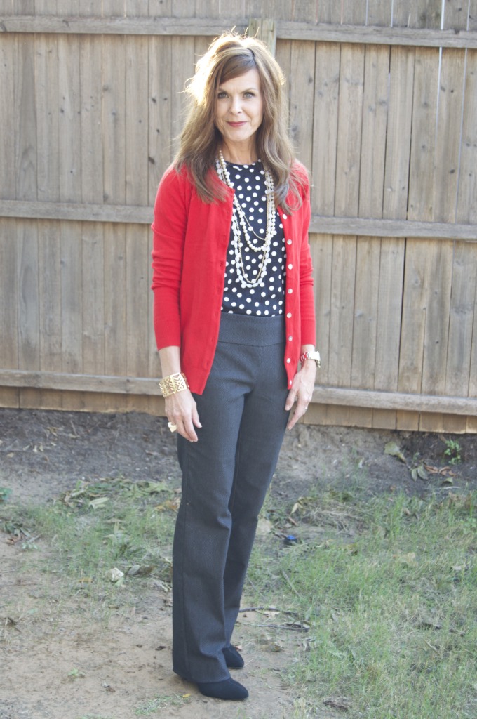 Black/grey pants, polka dot top, red cardigan + black shooties