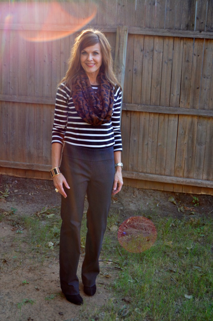 Black/grey pants, striped 3/4 sleeve top, leopard scarf + shooties