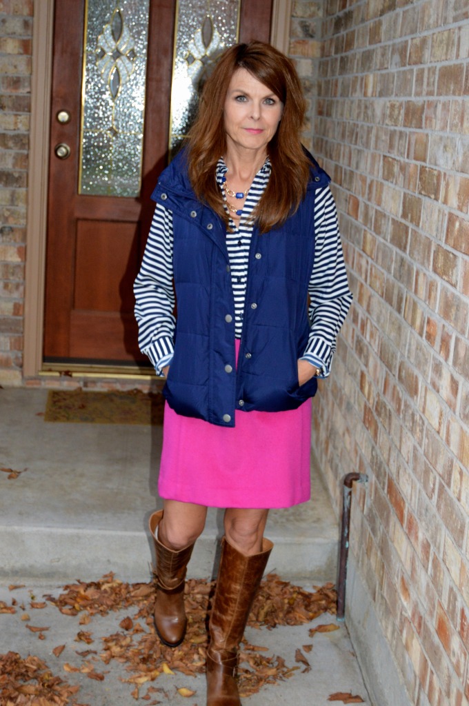 Pink Skirt w/Striped Blouse, Puffer Vest + Riding Boots