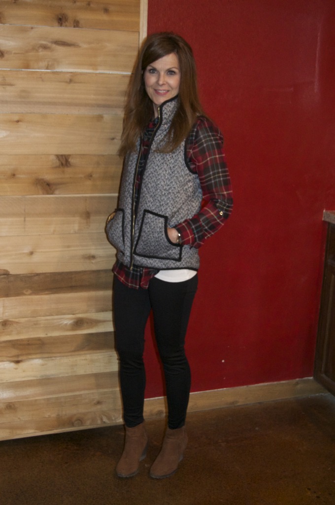 Leggings or skinny black jeans, plaid blouse, puffer vest + booties