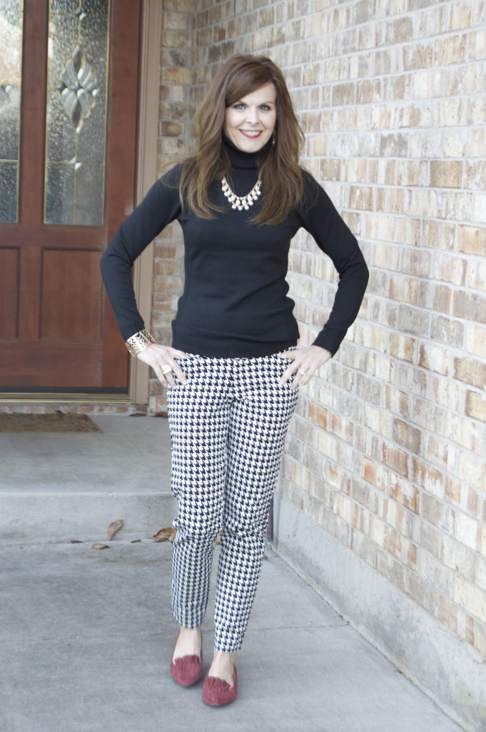 Houndstooth Pixie Pants (Old Navy) + Black Turtleneck (The Limited) + Shoes (DSW)