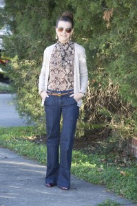 snake print + cardgan + trousers