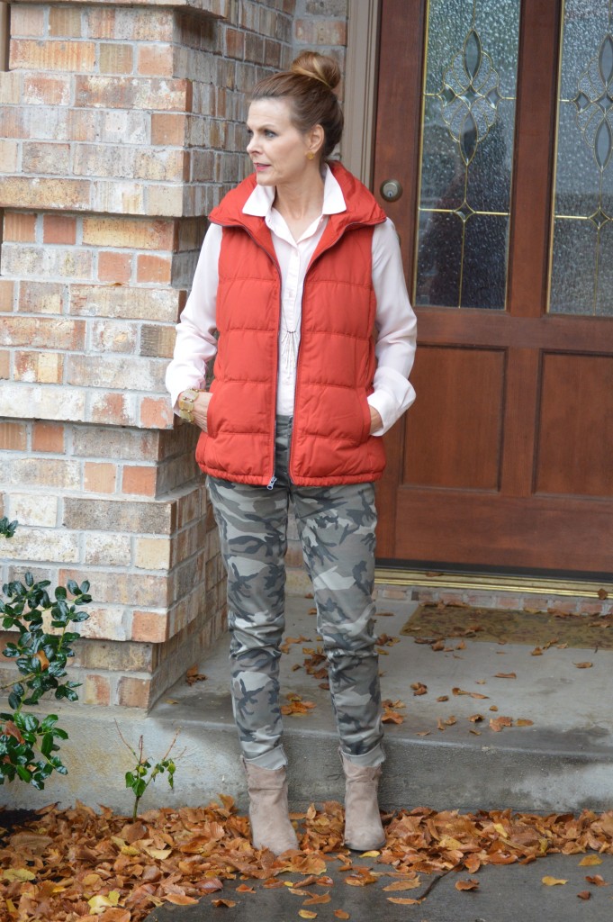 camo pants + orange puffer