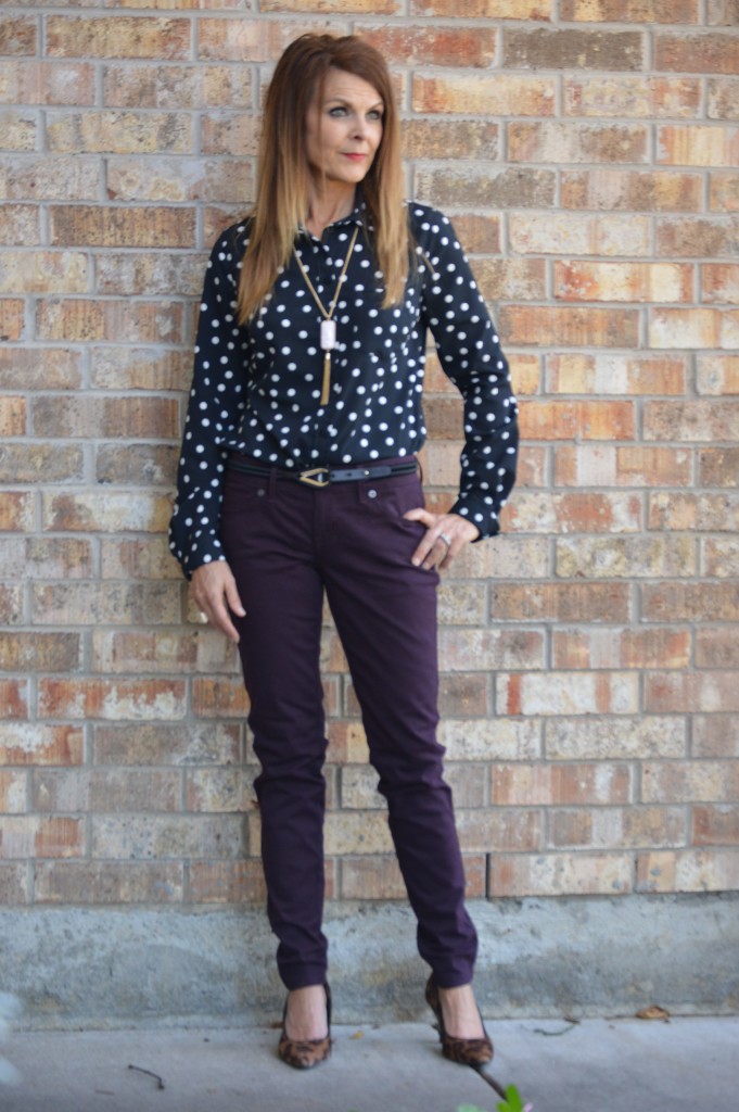 purple skinny+polka dot