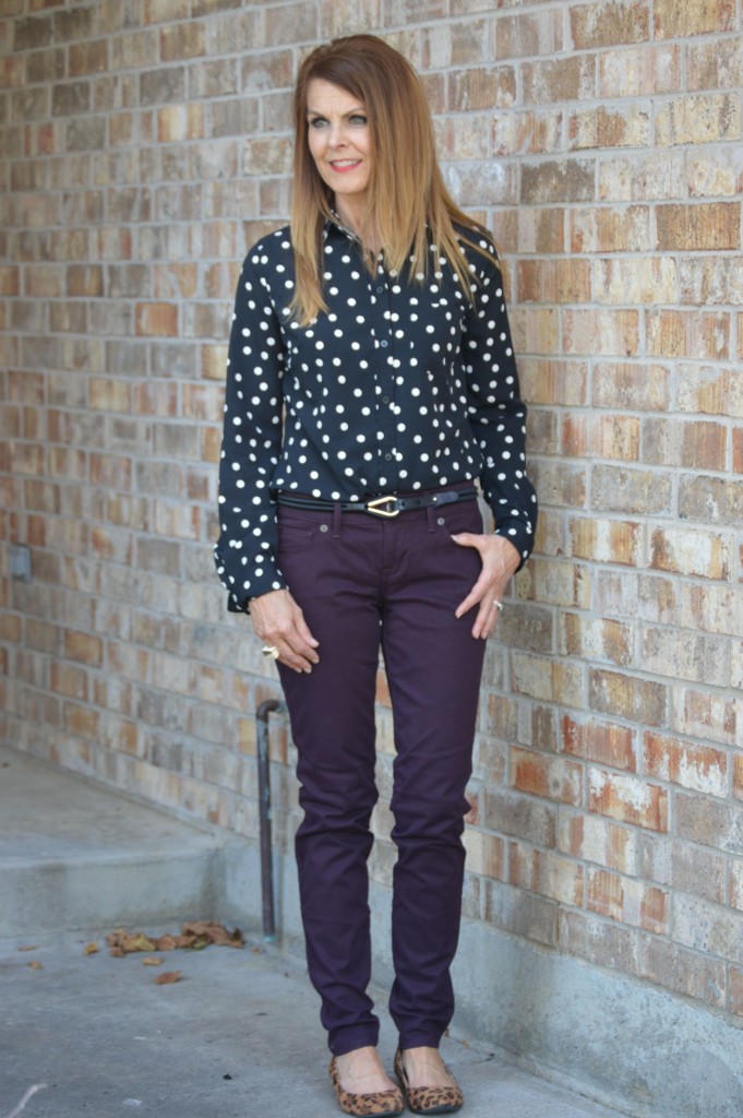 purple skinny+polka dot+flats