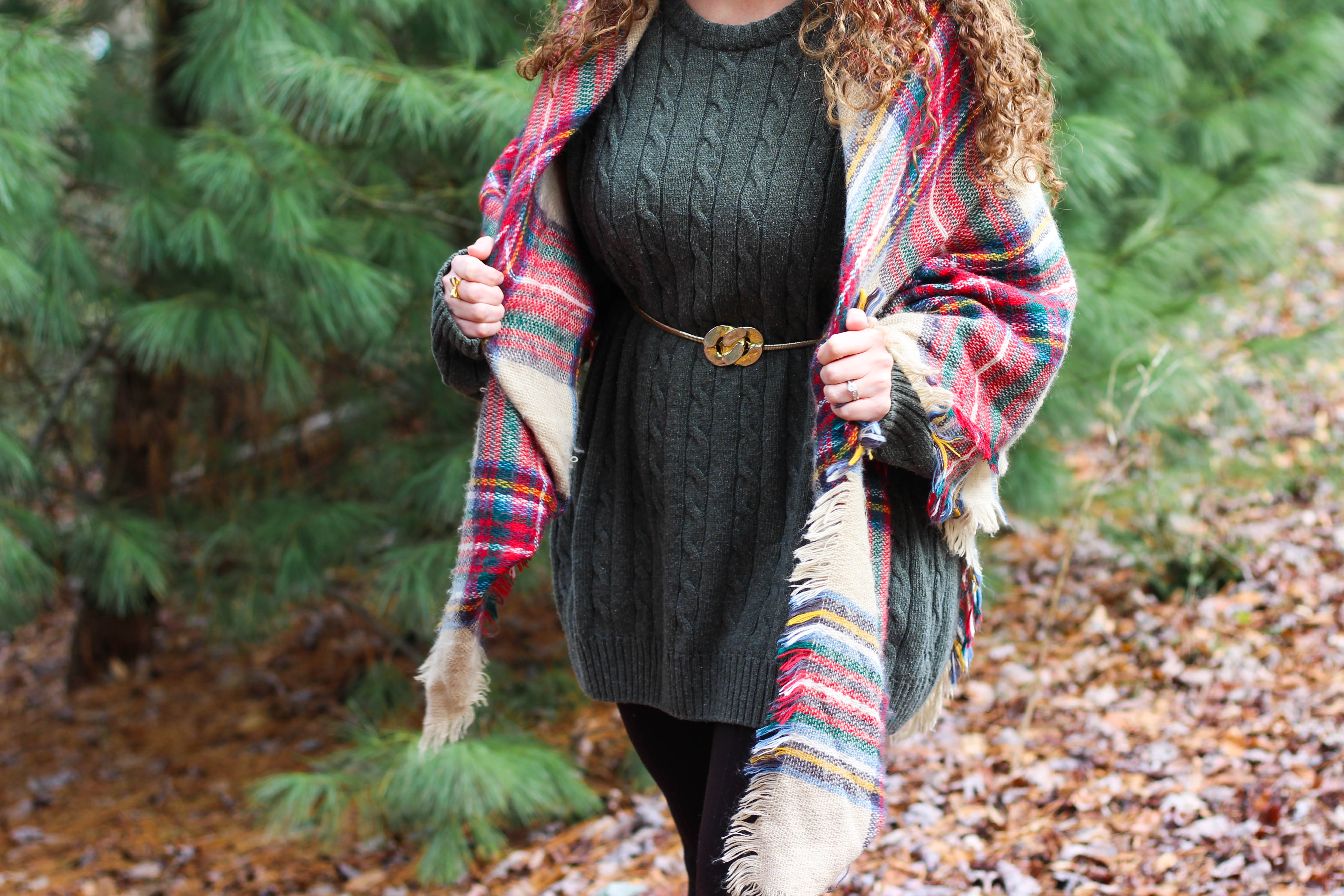 Green oversized sweater, tartan plaid scarf, booties