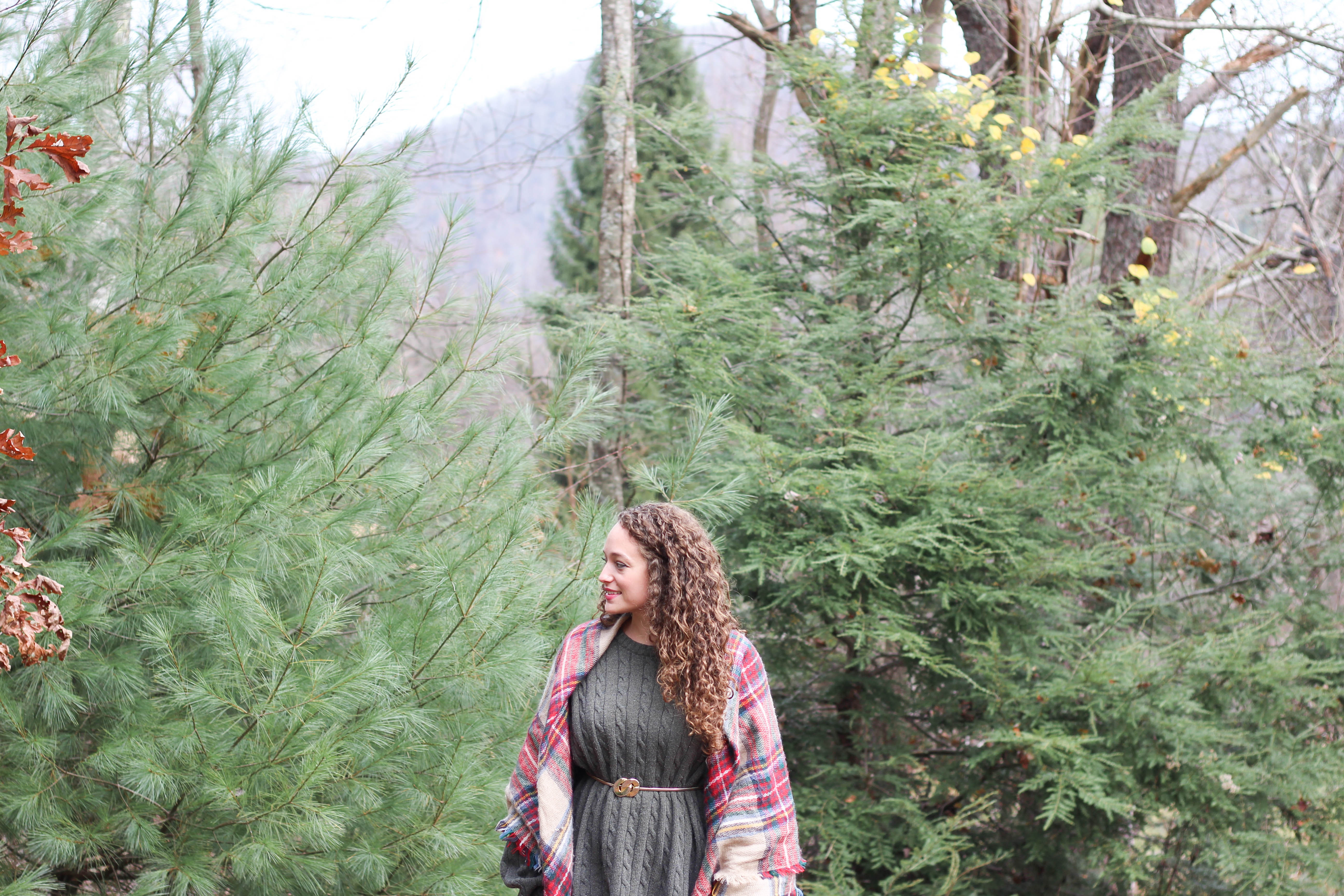 Green oversized sweater, tartan plaid scarf, booties