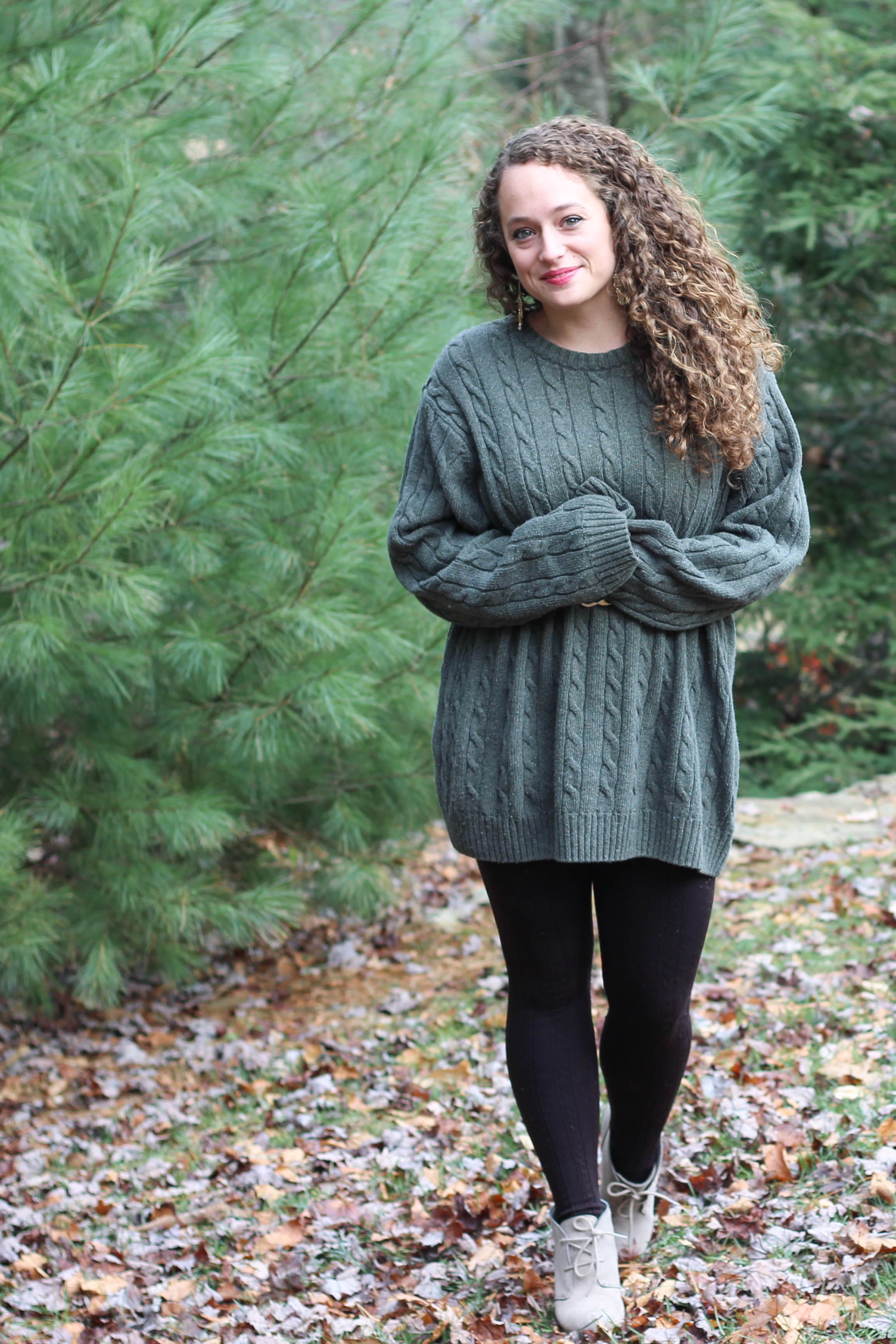 Green oversized sweater, tartan plaid scarf, booties