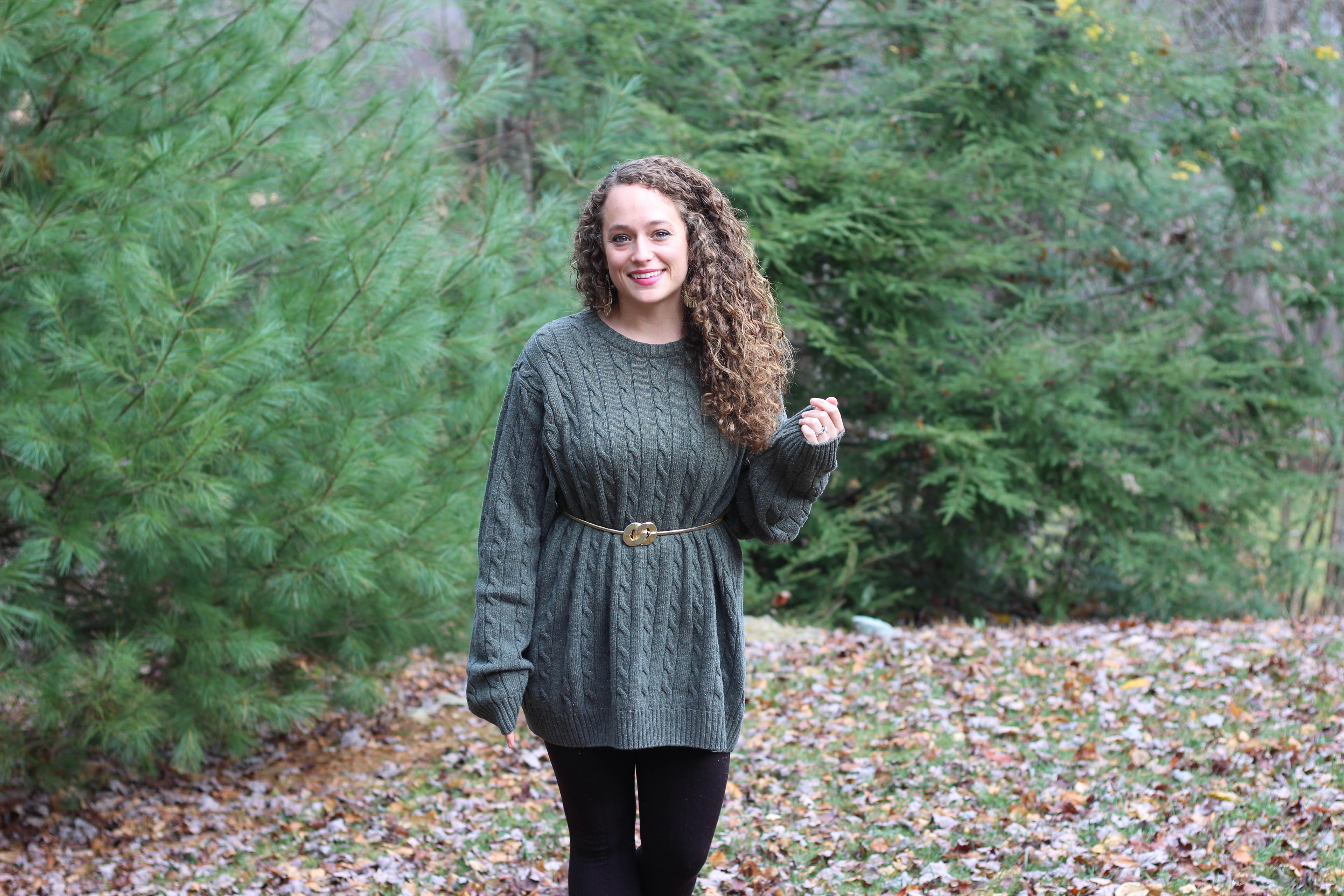 Green oversized sweater, tartan plaid scarf, booties