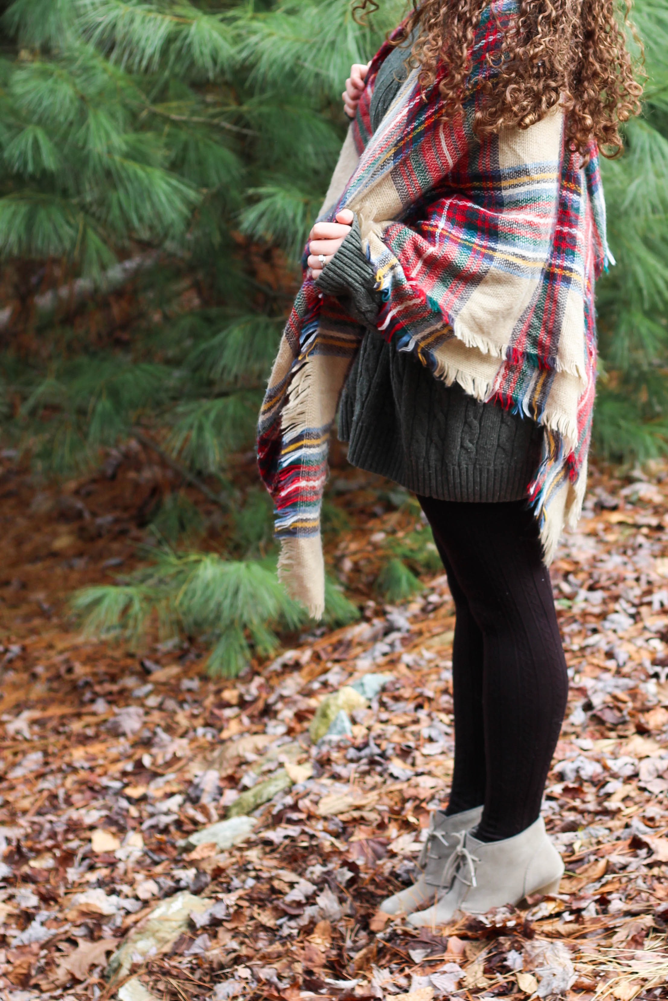 Green oversized sweater, tartan plaid scarf, booties