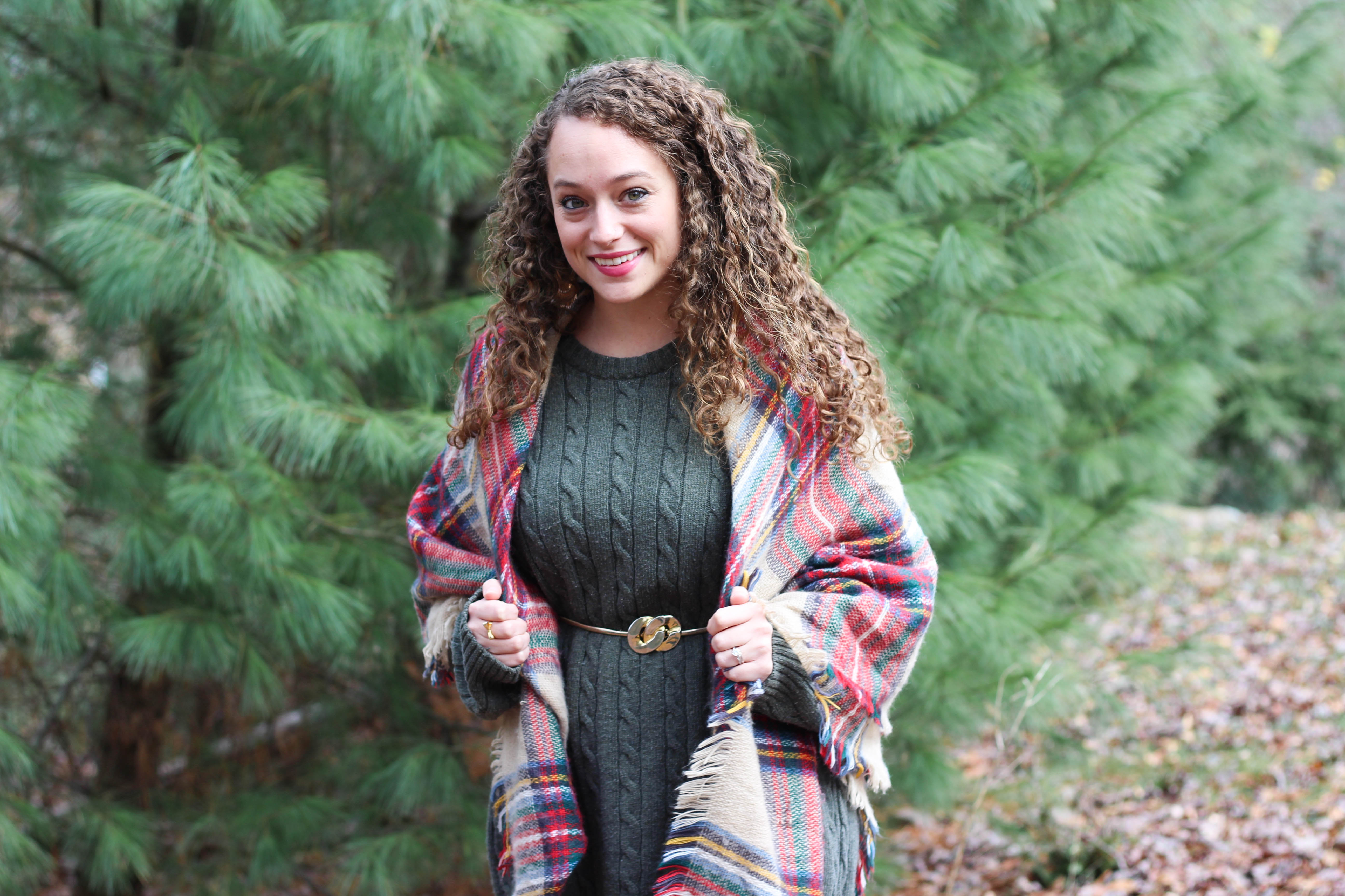 Green oversized sweater, tartan plaid scarf, booties