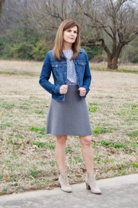 grey skirt + denim jacket
