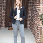 grey pants + white blouse + black blazer