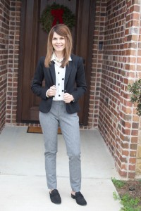 grey pants + white blouse + black blazer